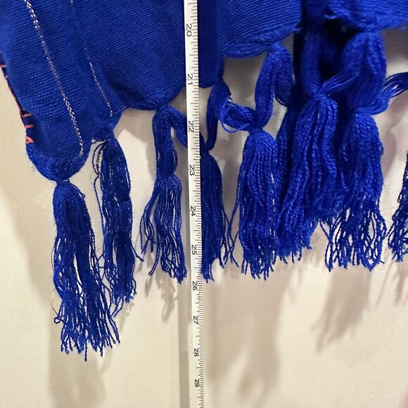 Handmade Blue Peacock Print Cotton Poncho Pullover Top with Tassels One Size - Picture 2 of 9